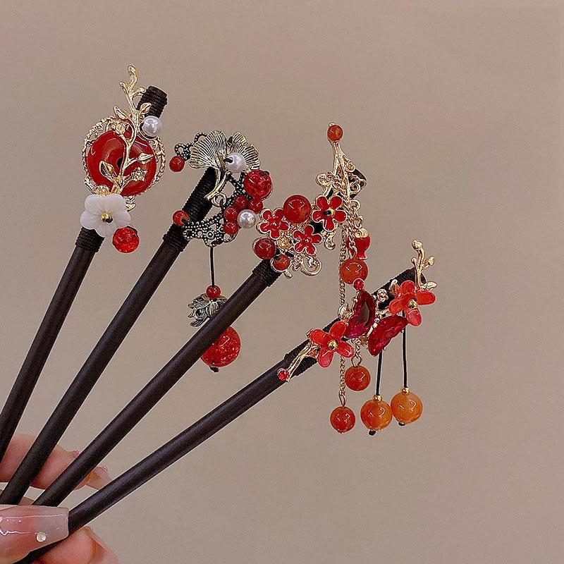 Vintage Wood Red Flower Tassel Hairpin for Women Girl Hair Stick Hair Clip Costume Chinese Style Hanfu Jewelry Hair Accessories