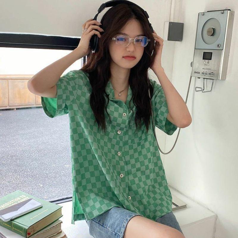 Women's Checkered Short Sleeved Shirts Summer American Style Thin Blouses Loose Casual Versatile Ladies Clothing