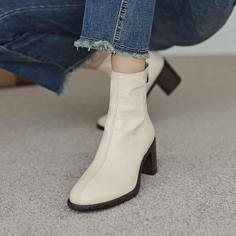 Krazing Pot Îmbrăcăminte de bază Piele de oaie Toamnă Iarnă Pantofi Tocuri groase Cizme Chelsea Vârf rotund Păstrează cald Botine cu fermoar