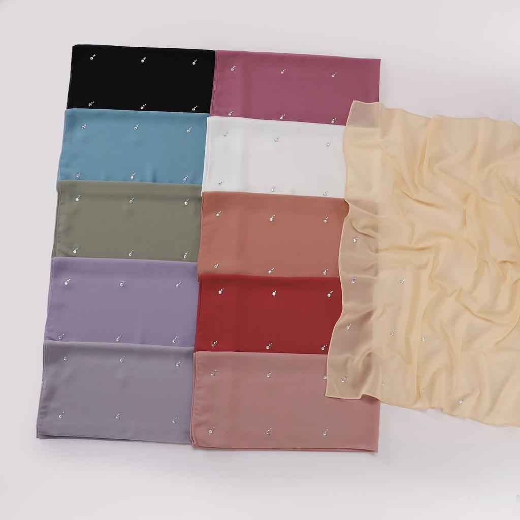 New Arrival Pearl Chiffon Drop-Shaped Rhinestone Square Scarf, High-Quality Hijab for Malaysian Malay Women