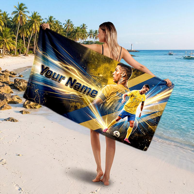 Cristiano Ronaldo Custom Beach Towel, Personalized Name Text Print, Football Logo Soft Quick‑Dry Towel Holiday Gift