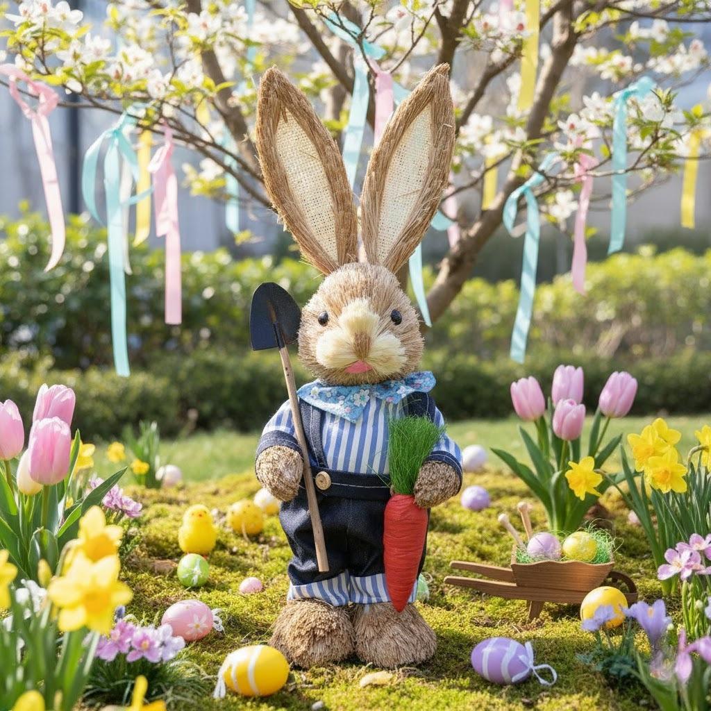 Easter Bunny on Swing Handmade Woven Grass Rabbit Creative Figurine Home Decor Hanging Ornament Forest Theme Gift Souvenir