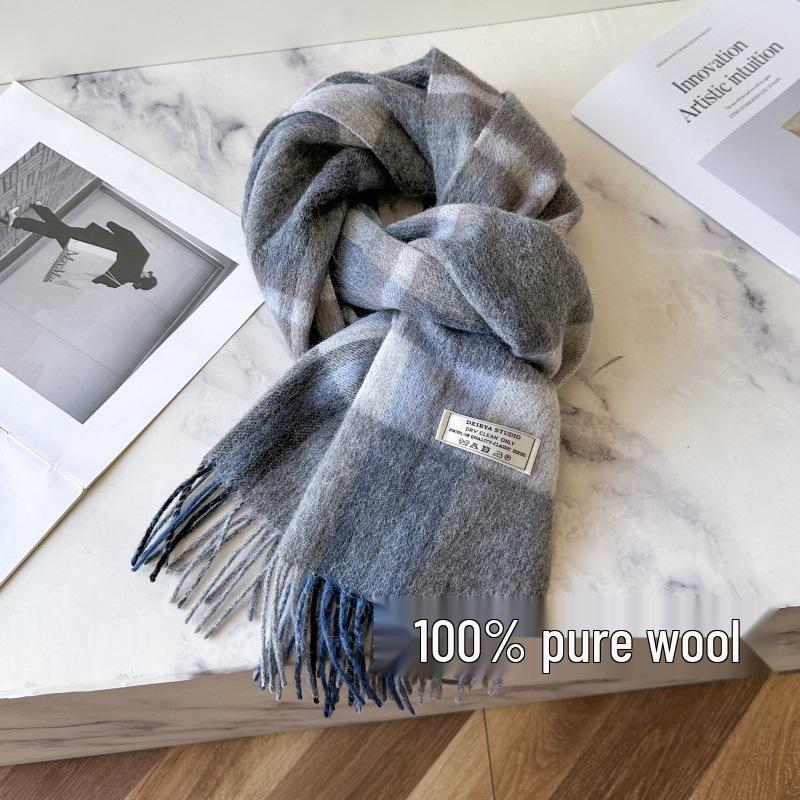 100% Reine Wolle Blauer Karoschal - Warmer, Vielseitiger Halswärmer für den Winter