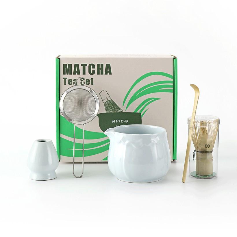 Ceramic Japanese Matcha Tea Ceremony Set with Hundred-Pronged Whisk, Holder, and Brush