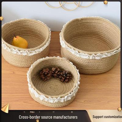 Portable Cotton & Linen Lace Basket – Round Storage for Flowers, Snacks, Sundries.