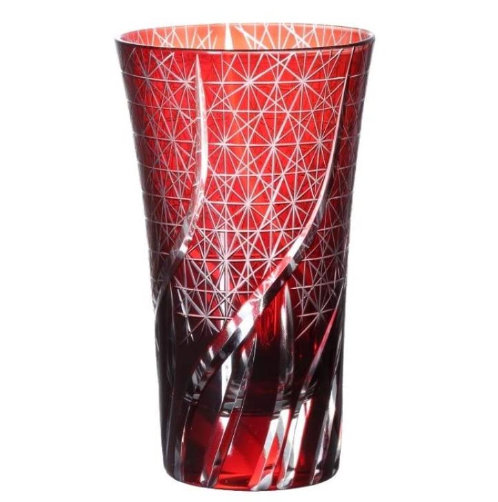 Cut Glass Beer Glass, 400cc, Tumbler, Cup, Chrysanthemum Pattern, Dishwasher Safe (Red)