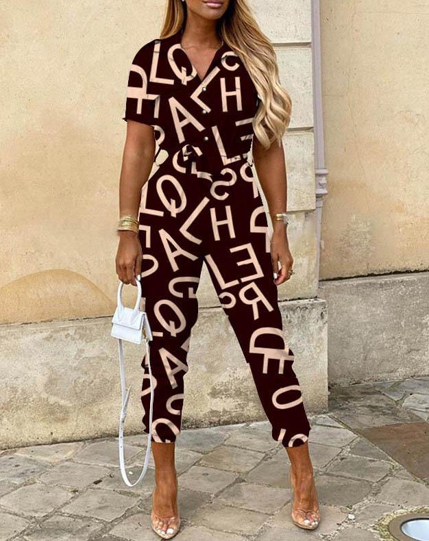 Summer Women's Casual Button-Up Print Waistband Jumpsuit