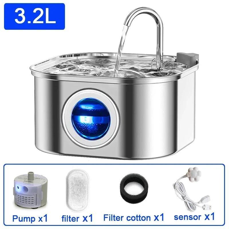 3.2L  Large Capacity Pets Auto Filter Stainless Steel Cats Water Fountain Household Super Quiet Pet Water Dispenser