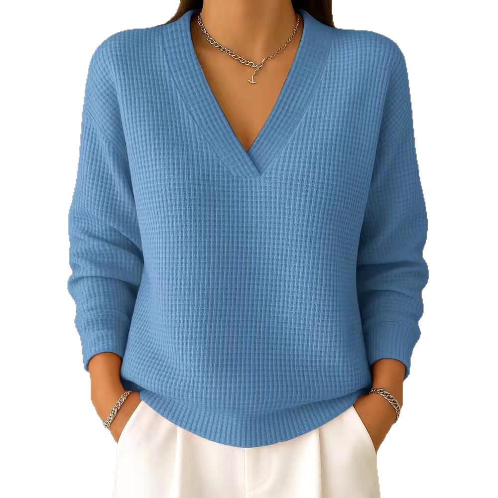 Top de damă versatil, cu gât în V, tricot waffle, culoare uni, stil european și american, toamnă 2025