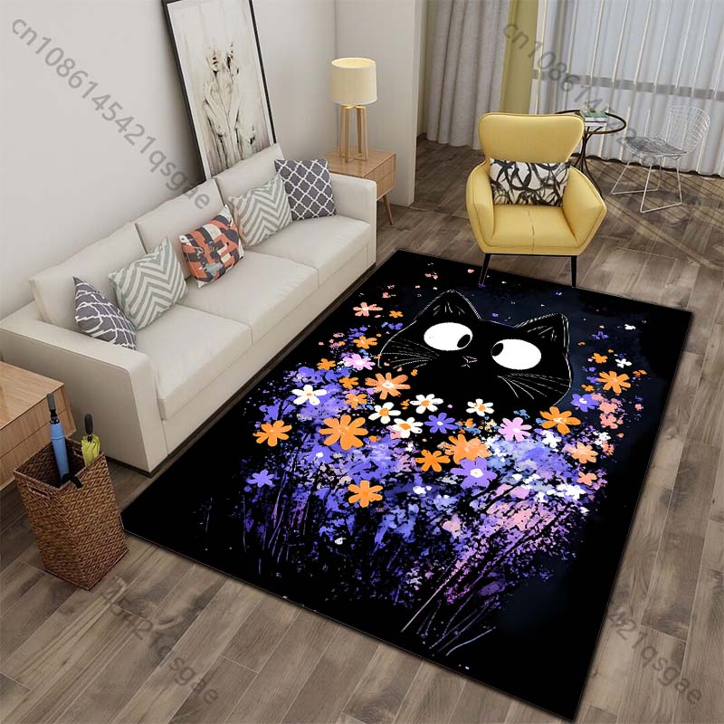 

Multiple sizes black cat in colorful flowers Print Carpet for Living Room Bedroom Sofa Home Decor Non-slip Mat Luxury Gift 40x60cm