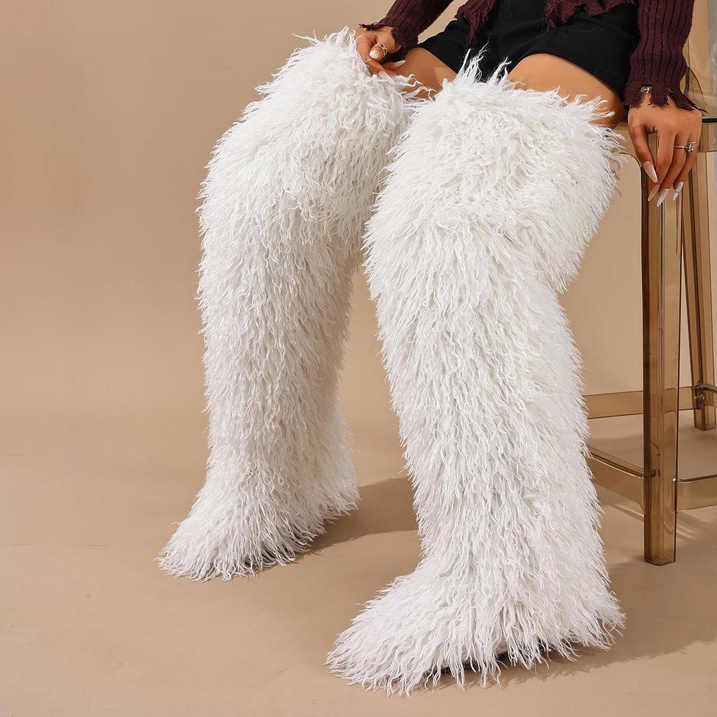 European-American 72cm Faux Tibetan Sheep Fur Thigh-High Snow Boots for Autumn & Winter