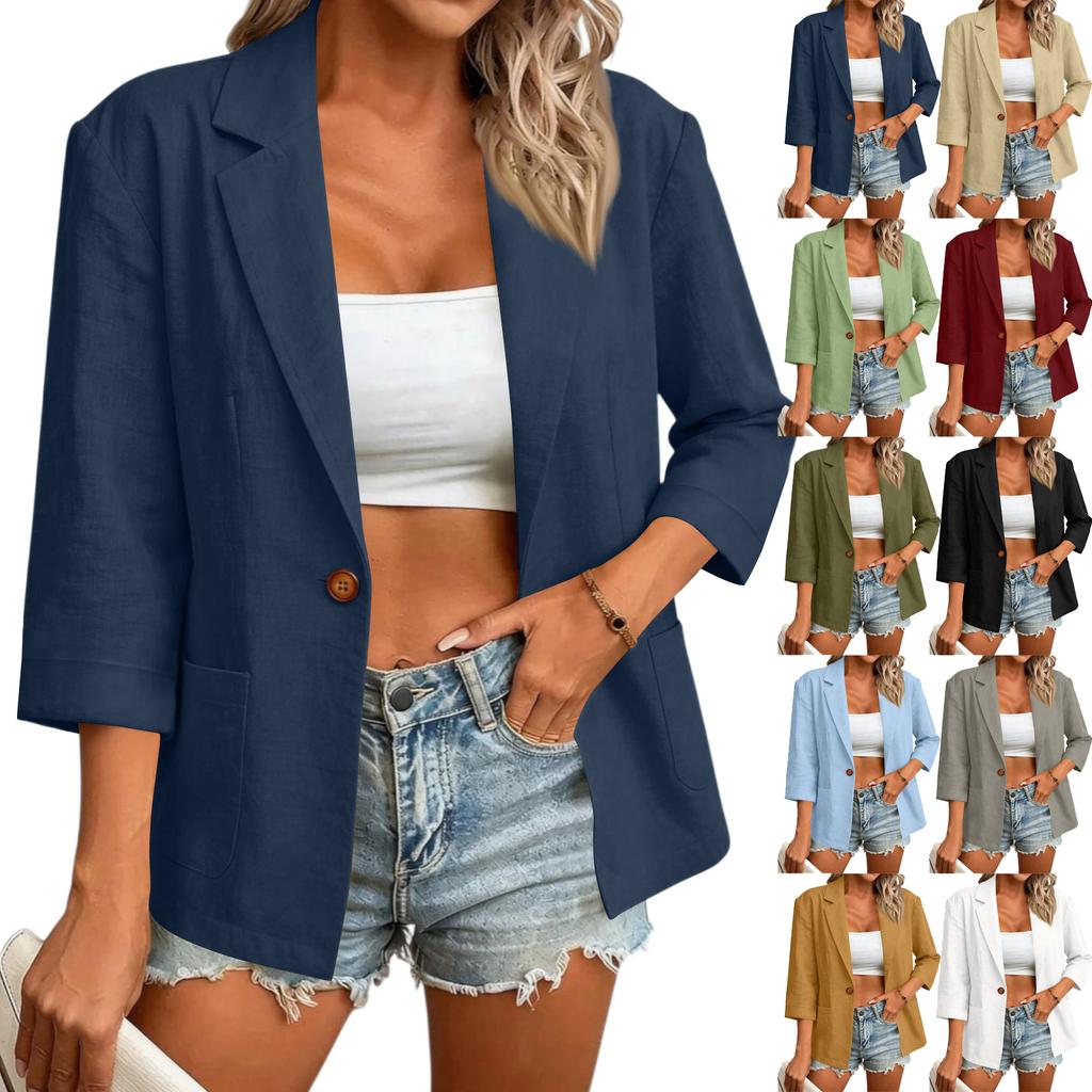 Women's Three Quarter Sleeve Blazer Lightweight Fully Lined Notched Collar Button Closure Casual Work Jacket with Pockets