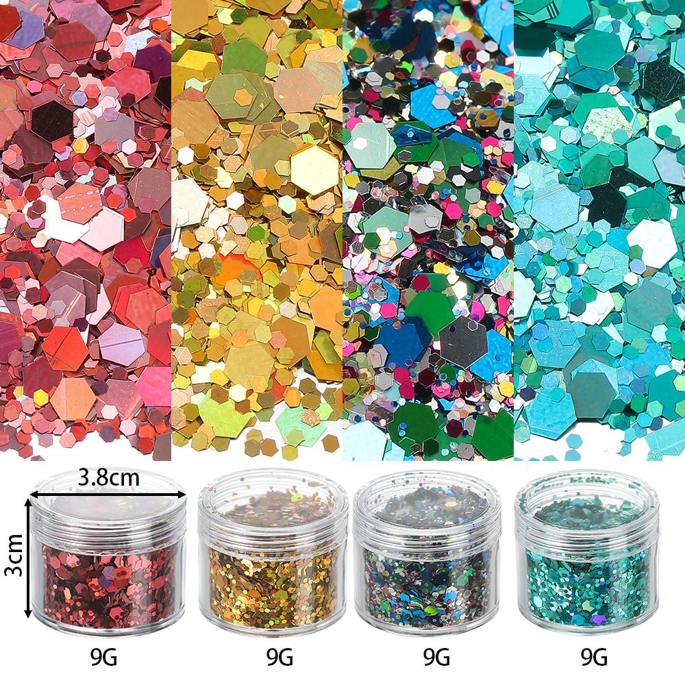 4 Flessen/Set Holografische Zeshoekige Grove Glitter Epoxy Hars Vulvlokken Laser Pailletten voor DIY Epoxy Hars Nagelkunst Vullingen