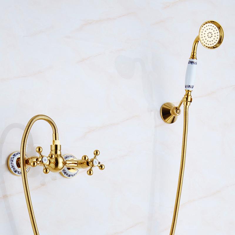 Gold-Plated Retro European Shower Set: Dual Handle Bathtub Faucet with Hot and Cold Mixer