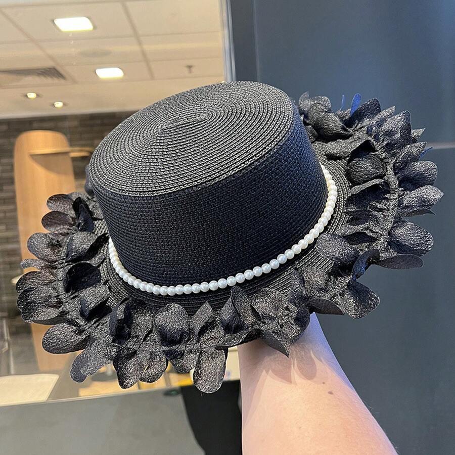 Womens Pearl Lace Straw Sun Hat With Wide Brim For Beach And Outdoor Summer Use