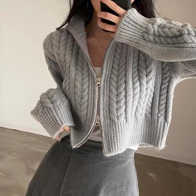Korean Fashion Loose Zipper Twist Cardigan Short Sweater Jacket Women's Knitted Long Sleeve Solid Color Casual Simple Coats Sweet Clothing