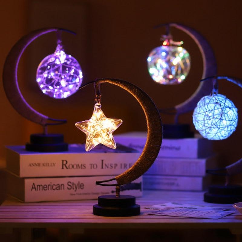 Led Stars / Moon / Apple / Sepak Takraw / Christmas Gift Handmade Hemp Rope Wrought Iron Night Light Party Room Decoration Light