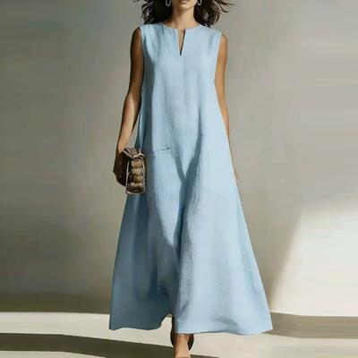 Women's Cotton Linen Sleeveless Maxi Dress Casual Loose V Neck Split Long Dresses with Pockets for Summer