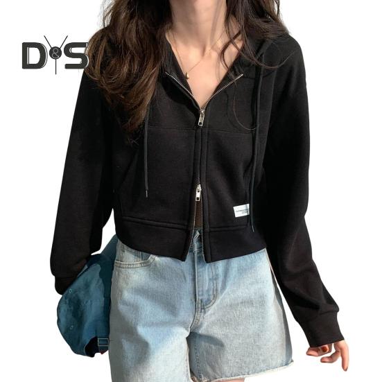 

Жіноче пальто осінь-весна, капюшон, шнурок, довгі рукави, кишені, застібка, еластична манжета, низ, коротка спортивна толстовка, повсякденна куртка на кожен день чорний