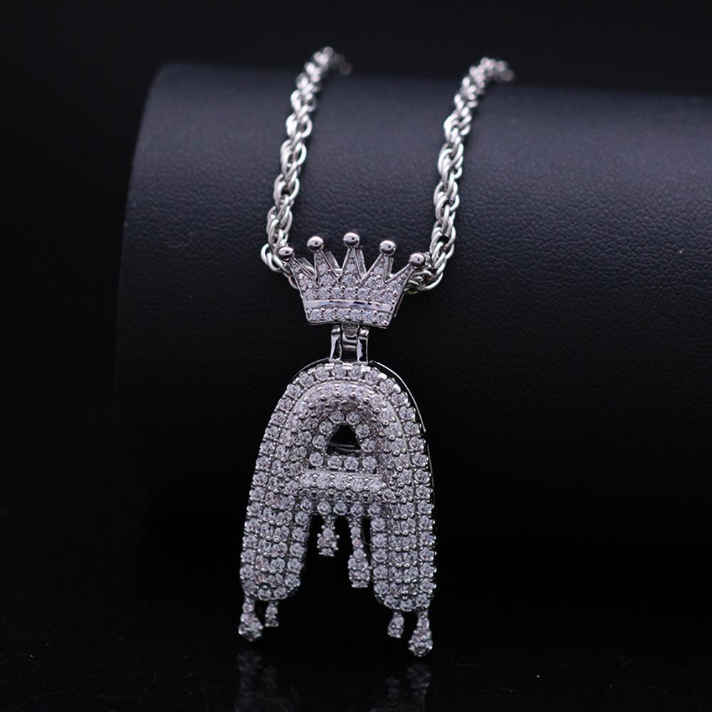 Stylish Hip Hop Zircon Crown Pendant Necklace with 26 English Letters for Women