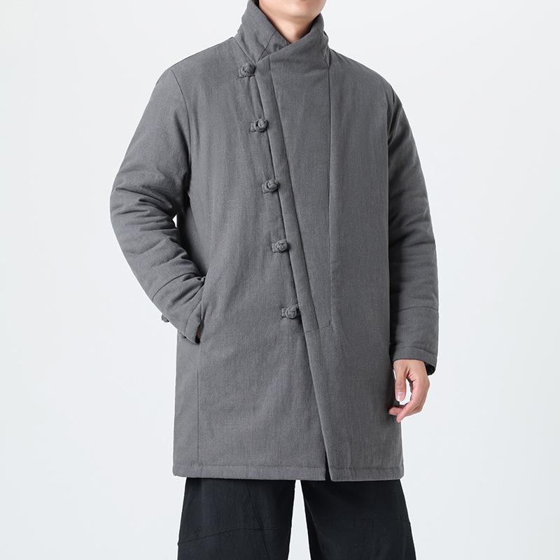 Pánská silná bavlněná lněná bunda v čínském stylu s žabími knoflíky, stojáčkem, střední délky, velikost Plus Size Tang oblek.