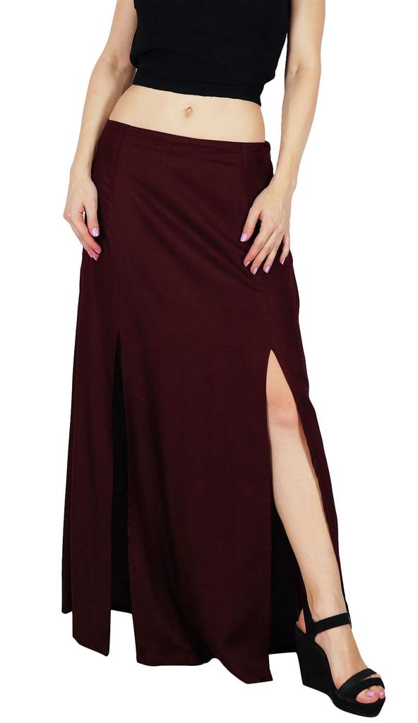 Bimba Women Long Rayon Maxi Skirt With Front Slits - Maroon