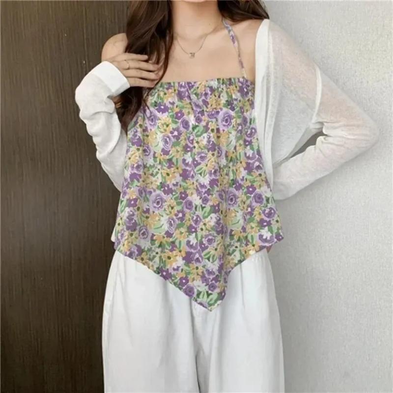 Volný letní styl Vesta s malým popruhem Ženy Vnitřní oblečení Květinový design Trendy Outdoorové oblečení Retro Polyester Délka