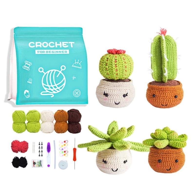 Crochet Flower Set with Step-by-Step Tutorial Instruction Crochet Potted Plant Crochet Knitting Supplies for Beginner