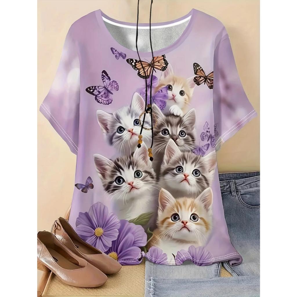 Women's Cute Cat Printed Short Sleeve T-shirt - Soft Peach Red Short Sleeve Top with Round Neck Design for Outdoor Sports