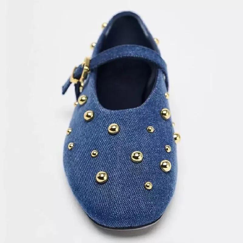 Fashion Fashion Round Toe Metal Rivets Ballet Flats Women Comfortable Shallow Buckle Mary Jane Shoes High Quality Blue Denim Flat Shoes