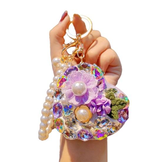 Folding Mirror Keychain Ladies Double-Sided Make-up Mirror with Faux Pearl Chain Rhinestone Mirror Pendant for Travel Touch-ups Bag Accessory