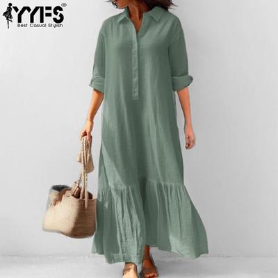 Women's Fashion Spring Fall Solid Color Print Long Sleeve POLO Neck Loose Waistline Casual Dresses