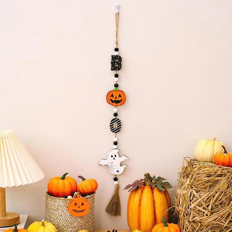 DIY Decoration Props For Holiday Parties Halloween Supplies Wooden Bead Pendants Pumpkin Wall Hanging Home Festival Supplies
