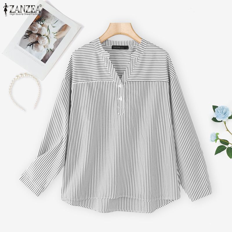 ZANZEA Blouse Décontractée Femme Col V Ample Manches Longues Rayures