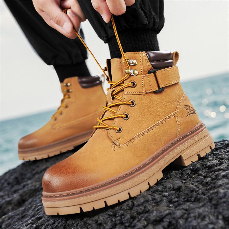 Men's Tough High-Top Yellow Leather Boots, British Style, Non-Slip, 2025 New Autumn/Winter Collection