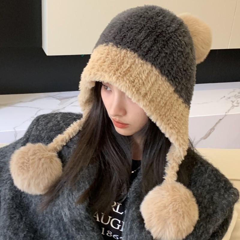 Bear plush hat women's winter splicing knitted wool hat outdoor riding ear protection bag head thermal hat