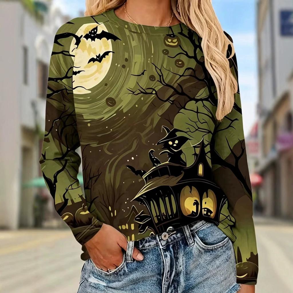 Autumn and Winter Ladies Halloween 3D Printed Crew Neck Long Sleeve T-Shirt