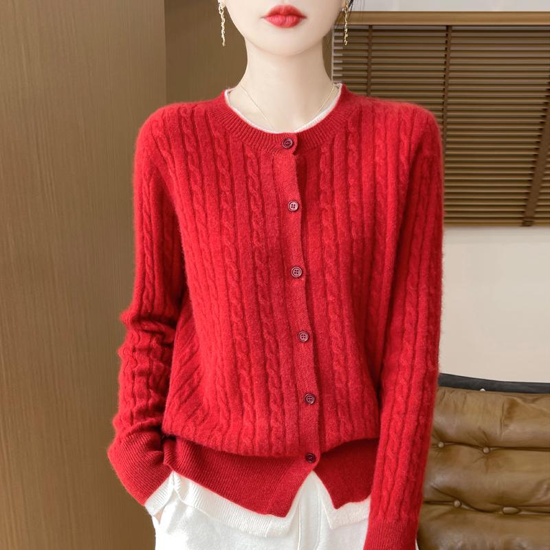 Autumn and Winter Women's Round Neck Color Matching Fake Two Cardigan Loose Twist Cashmere Sweater Knit Top