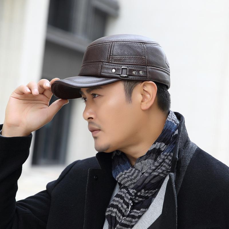 Flat Top Warm Winter Hat for Elderly Men Genuine Leather Dad Cap with Ear Flaps