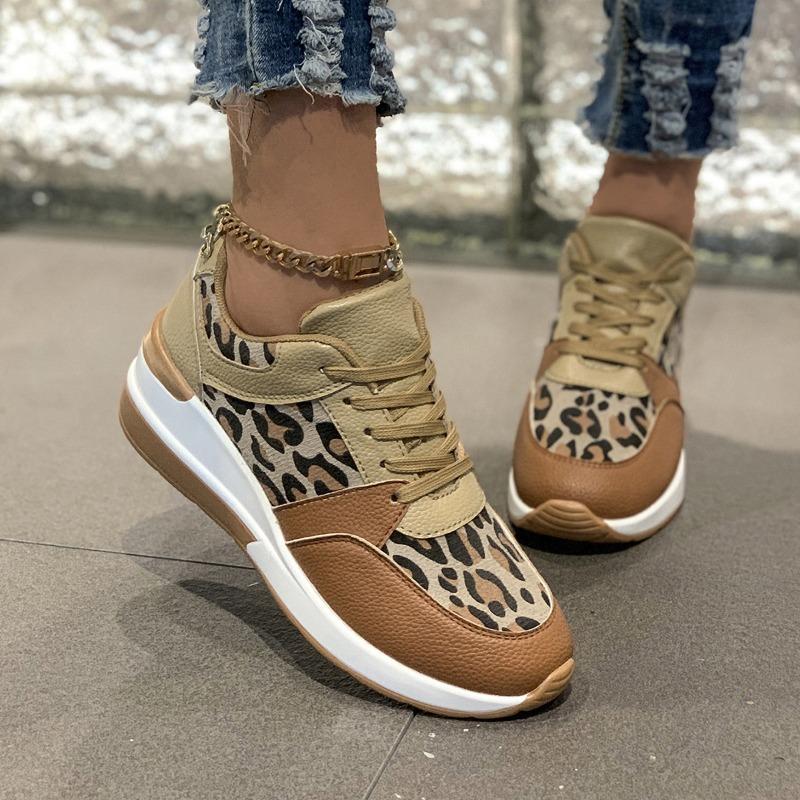 Women's Flat Leopard Lace-laced Casual Sneakers Women's Large Size Four-season Single Shoes Running Shoes