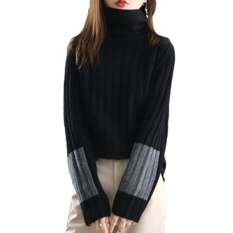 Women Warm Thick Soft Pullover Sweater Turtleneck Long Sleeve Knitted Color Block Patchwork Lady Winter Autumn Neck Protection