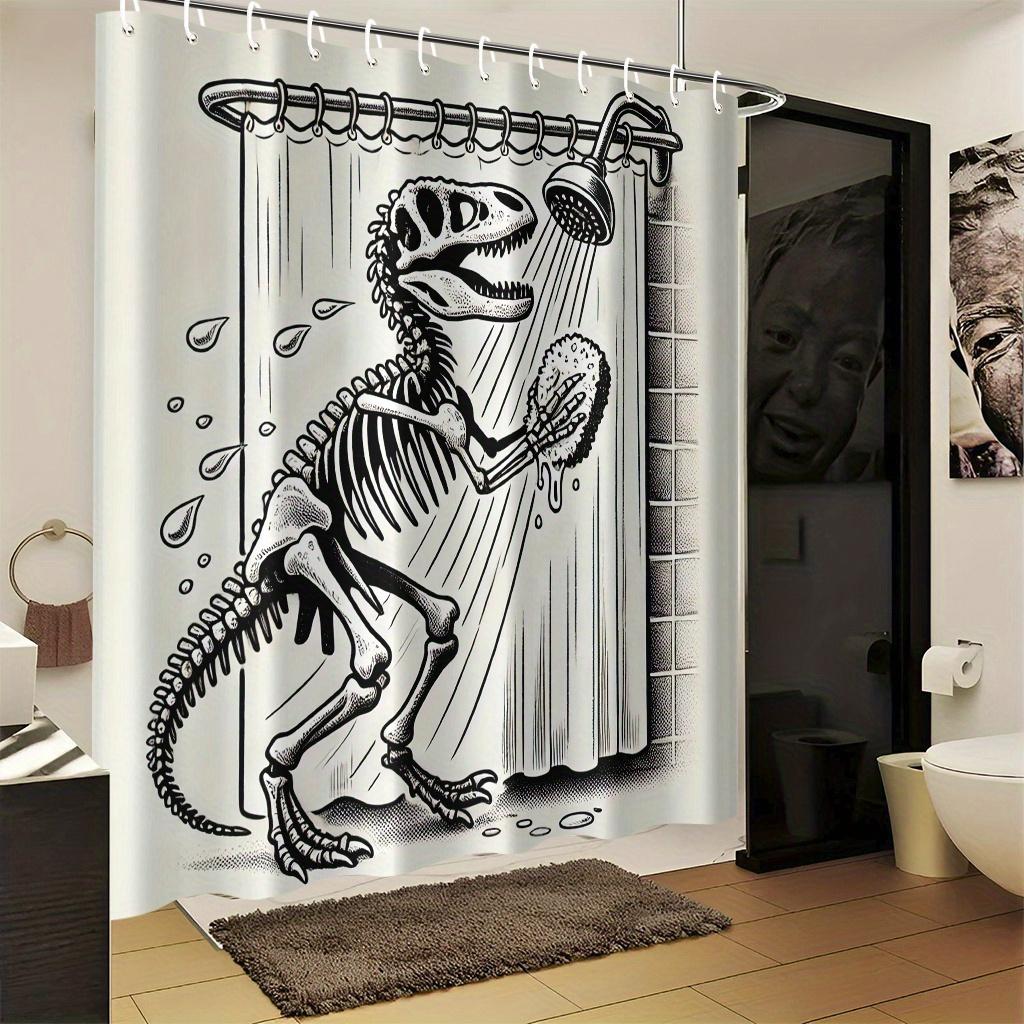 Schwarz-Weiß Dinosaurierskelett Illustration Duschvorhang 1 Stück Mit 12 Haken Für Badezimmer Heimdekoration Polyester 70,8x70,8 Zoll