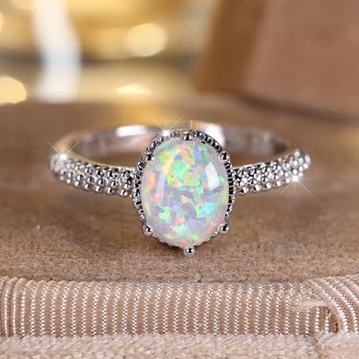 Велика овальна каблучка з білим вогняним опалом для жінок, обручки з камінням у формі яйця, обручки античного срібного кольору, модні прикраси