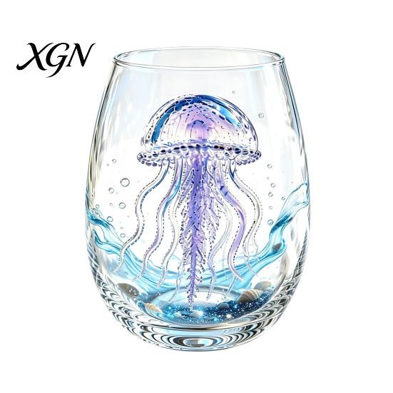 Personalized Daily Use Glassware Stemless Wine Glasses with Marine Animal Pattern, 420ml Capacity, High Borosilicate Halloween Themed Drinking