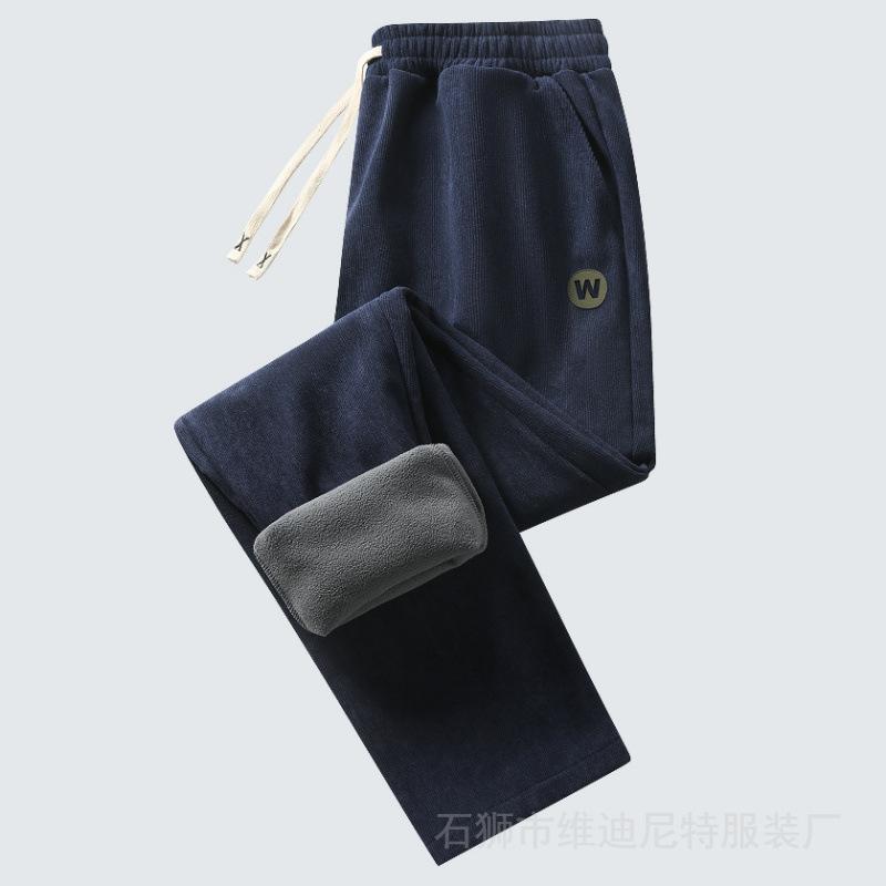 Men's Warm Corduroy Casual Pants With Fleece Lined Cargo Pants Drawstring Elastic Waist Sweatpants with Pockets Winter Straight Leg Trousers for Male