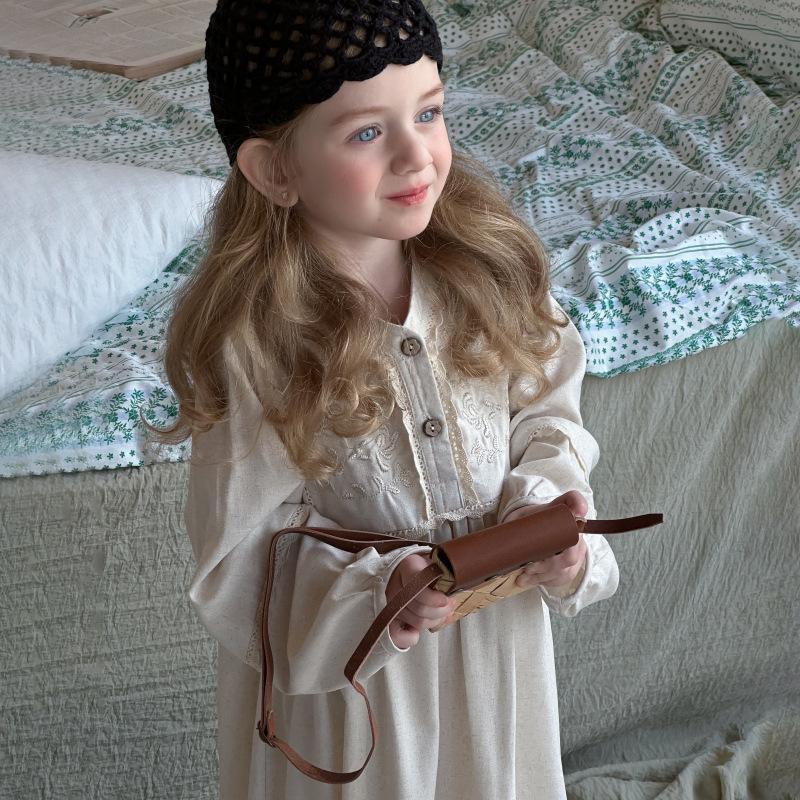 Girls' Spring Retro French Lace Long Sleeve Dress