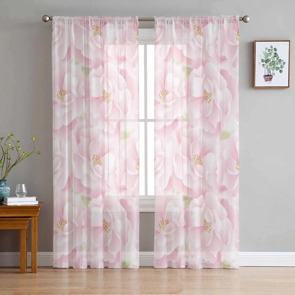 Pink Rose Flower Tulle Sheer Curtains for Living Room Decoration Window Curtain for Bedroom Kitchen Voile Organza Drapes