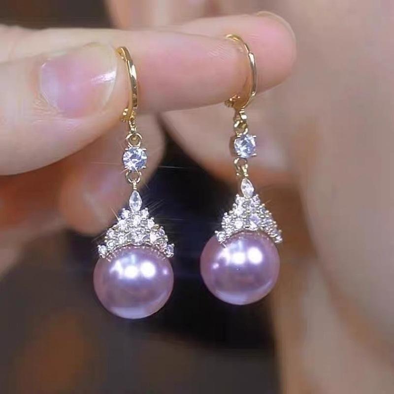 New Light Luxury High-end Queen Purple Pearl Ear Buckle Slightly Inlaid Exquisite Versatile Luxury Wedding Earrings Women