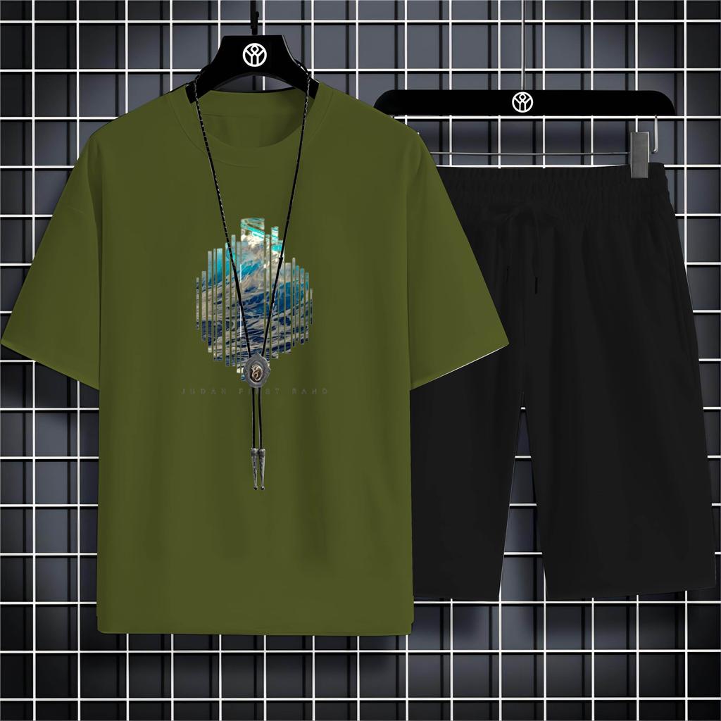 Fashion Four Seasons Casual Sports Style 2d Letter Print Adult Men'S Round Neck Loose Short Sleeve T-Shirt Trouser Set Quick Dry