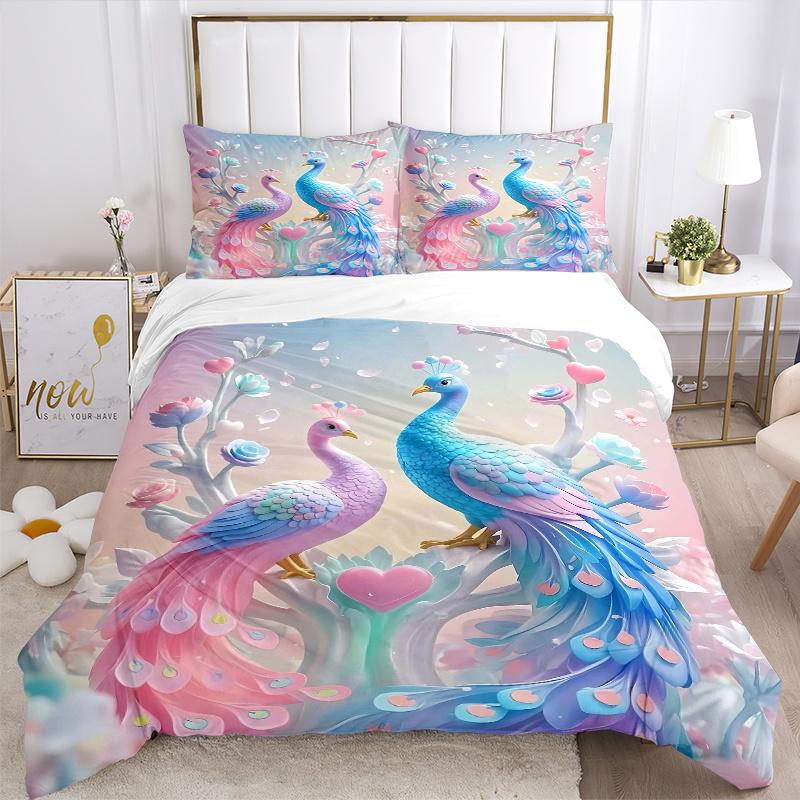 3er Set Bettwäsche mit Druck von pastellfarbenen Pfauen in einem romantischen Garten, weiche und bequeme Bettbezüge für Schlafzimmer, Gästezimmer